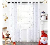 youleyar Snowflake Christmas Sheer Curtains, Luxury Silver Foil Print Voile Sheer Curtains, Metallic Bronzing Treatment Pair for Holiday Window Decoration, Living Room, Set of 2 Panels White 52Wx96L