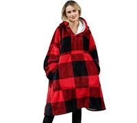 YOULIKE Oversized Blanket Hoodie Fluffy Fleece for Women Men Kids Wearable Hooded Blanket with Big Pocket(Red Plaid)