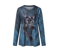 Youlity Women 3D Cat Print T Shirt Long Sleeve Short Sleeve Pullover Funny Casual Round Neck Sweatshirt Tunic Top Large Size Summer Tops (Long Sleeve Blue, XXL)