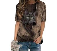 Youlity Women 3D Cat Print T Shirt Long Sleeve Short Sleeve Pullover Funny Casual Round Neck Sweatshirt Tunic Top Large Size Summer Tops (Short Sleeve Khaki, 3XL)