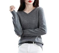 Youllyuu 100% Merino Wool Cashmere Sweater Women's V-Neck Pullover Autumn Winter Knitted Jumper Tops Gray XXL