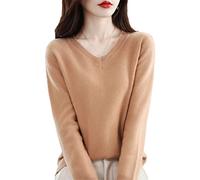 Youllyuu 100% Merino Wool Cashmere Sweater Women's V-Neck Pullover Autumn Winter Knitted Jumper Tops Golden khaki9 L