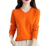 Youllyuu 100% Merino Wool Cashmere Sweater Women's V-Neck Pullover Autumn Winter Knitted Jumper Tops Orange XL