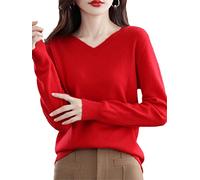 Youllyuu 100% Merino Wool Cashmere Sweater Women's V-Neck Pullover Autumn Winter Knitted Jumper Tops Red S