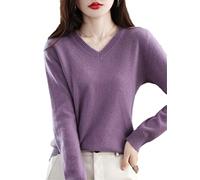 Youllyuu 100% Merino Wool Cashmere Sweater Women's V-Neck Pullover Autumn Winter Knitted Jumper Tops Violet M