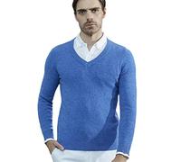 Youllyuu Cashmere Sweater Men 100% Merino Wool Knitted Sweaters V-Neck Long-Sleeve Pullover Thick Jumper Light Blue M