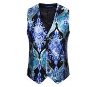 Youllyuu Men Steampunk Costume Suit Waistcoat Palace Style Floral Print Slim Night Club Prom Wedding Vest Black Blue EU Size XL