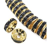 YouLuo 100Pcs Rondelle Spacer Beads Bright Gold Plated Czech Rhinestone Loose Crystal Charm Beads for Jewelry Making DIY Bracelets Necklaces (Gold Black, 8mm)