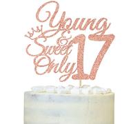 Young and Sweet Only 17 Cake Topper, Dancing Queen 17, 17th Birthday Cake Decor, Happy 17th Birthday Party Decorations Rose Gold Glitter