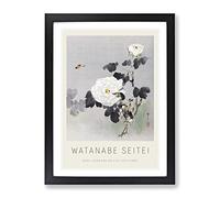 Young Bird & Butterfly By The Roses By Watanabe Seitei Exhibition Museum Asian Japanese Framed Wall Art Print, Ready to Hang Picture for Living Room Bedroom Home Office Décor, Black A2 (64 x 46 cm)