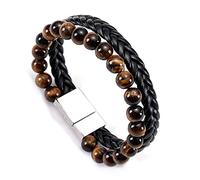 Young & Forever Men's Genuine Braided Leather and Titanium Steel Bracelet | Bold Punk Tiger Eye Bead & Multi-Strand Wrist Bands | Vintage Nautical Clasp & Animal Head Hook Hook Kada Style Options, One