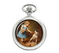 Young girl feeding a dog by Carl Reichert Pocket Watch