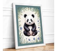 Young Panda Among Flowers Botanical Framed Wall Art Print A4 (29.7×21cm) White, Wall Decor for Living Room, Bedroom, Office & Home, Ready to Hang, Art Gift