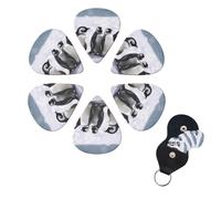 Young Penguins With Snow Guitar Picks 6 Pack, 0.46mm Thickness Celluloid Bass Pick with Leather Guitar Pick Holder Keychain Abstract Art Pics Plectrum for Acoustic Electric Guitar, Ukulele, Bass