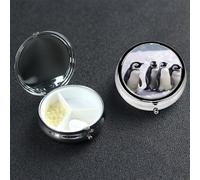 Young Penguins with Snow Pill Box with Mirror 3 Compartment Decorative Pill Case for Purse or Pocket Small Round Pill Organizer Weekly Metal Medicine Tablet Vitamin Holder Travel Gift