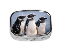Young Penguins with Snow Pill Case 2 Compartment Pill Box Portable Metal Pill Organizer Cute Travel Pill Container Vitamin Organizer for Purse Pocket Travel Gift