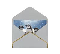 Young Penguins With Snow Printed Pearl Paper Greeting Card, Light Grey - Folded Blank Cards with Gold Trim for Weddings, Birthdays, Christmas