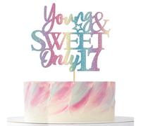 Young & Sweet Only 17 Cake Topper, Funny Seventeen/ 17th Birthday Party Decorations Supplies Colorful Glitter