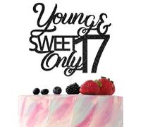 Young & Sweet Only 17 Cake Topper Happy 17th Birthday Cake Decorations Funny 17 Years Old Party Decoration Black Glitter