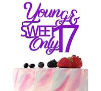 Young & Sweet Only 17 Cake Topper Happy 17th Birthday Cake Decorations Funny 17 Years Old Party Decoration Purple Glitter