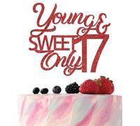 Young & Sweet Only 17 Cake Topper Happy 17th Birthday Cake Decorations Funny 17 Years Old Party Decoration Red Glitter