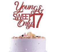 Young & Sweet Only 17 Cake Topper Hello 17 Cake Topper Sweet 17 Anniversary Party Decoration Girls Happy 17th Birthday Cake Decorations Red Glitter