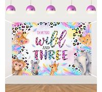 Young Wild and Three Birthday Backdrop for Kids Safari Jungle Wild Animals Third Birthday Photography Background 3rd Birthday Party Decorations Banner Photo Props