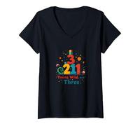 Young, Wild, and Three Birthday Gift for 3 Year Old V-Neck T-Shirt, Women, Black, XL