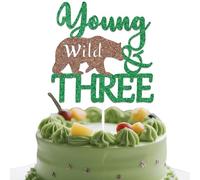 Young Wild & Three Cake Topper - Jungle 3rd Birthday Decoration - 3rd Birthday Topper Green Brown Glitter