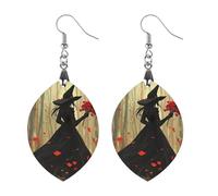 Young Witch Hold Flowers Women's Wooden Earring Apricot Shaped Dangle Earrings Pendant Jewelry