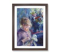 Young Woman Sewing By Pierre Auguste Renoir Classic Painting Framed Wall Art Print, Ready to Hang Picture for Living Room Bedroom Home Office Décor, Walnut A4 (34 x 25 cm)