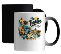 Young Woman Sitting with Travel Gear Ceramic Magic Mug White
