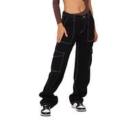 YOUNGC Womens Pants Straight Leg Ladies Autumn Winter High Waist Street Loose Cargo Pants Pockets Jeans Trousers Womens Tall Skinny Black
