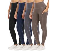 YOUNGCHARM 4 Pack Leggings with Pockets for Women,High Waist Tummy Control Workout Yoga Pants, 4 Packs-black/Gray/Navy/Brown, Large