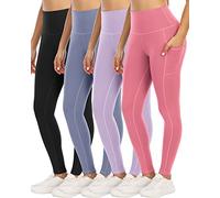 YOUNGCHARM 4 Pack Leggings with Pockets for Women,High Waist Tummy Control Workout Yoga Pants, 4 Packs-black/Steel Blue/Purple/Coral Pink, M