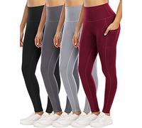YOUNGCHARM 4 Pack Leggings with Pockets for Women,High Waist Tummy Control Workout Yoga Pants, 4 Packs-black/Dark Gray/Light Gray/Burgundy, XXL