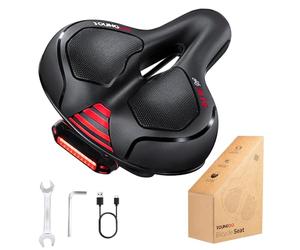 YOUNGDO Ultra Comfortable Bike Saddle, Ergonomic Design, Hollow Design, Double Spring Shock Absorber, Detachable Rear Light, Waterproof, for Mountain Bike, Black+Red