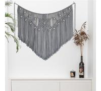 Youngeast Macrame Wall Hanging Large Macrame Curtains Leaf Shape Beads Wall Decor Boho Tassel Wall Art Woven Tapestry Headboard Backdrop Gray