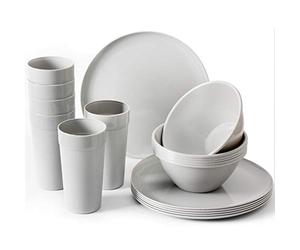 Youngever 18 Piece Plastic Kitchen Dinnerware Set, Plates, Dishes, Bowls, Cups, Service for 6 in Grey Color