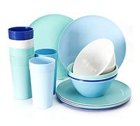Youngever 18 Piece Re-usable Plastic Kitchen Dinnerware Set, Plates, Dishes, Bowls, Cups, Service for 6 (Coastal Colors)