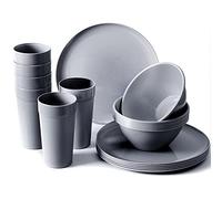 Youngever 18 Piece Re-usable Plastic Kitchen Dinnerware Set, Plates, Dishes, Bowls, Cups, Service for 6 (Dark Grey)