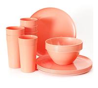 Youngever 18 Piece Re-usable Plastic Kitchen Dinnerware Set, Plates, Dishes, Bowls, Cups, Service for 6 (Peach)