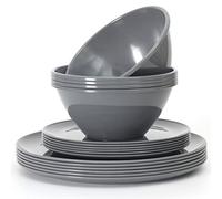 Youngever 18 Pieces Re-usable Plastic Kitchen Dinnerware Set, Plates (20CM & 25CM), Bowls (1000ML), Service for 6 (Dark Grey)