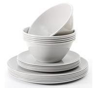 Youngever 18 Pieces Re-usable Plastic Kitchen Dinnerware Set, Plates (20CM & 25CM), Bowls (1000ML), Service for 6 (Grey)
