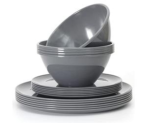 Youngever 18 Pieces Re-usable Plastic Kitchen Dinnerware Set, Plates (20CM & 25CM), Bowls (1000ML), Service for 6 (Dark Grey)