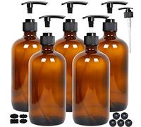 Youngever 5 Pack 250ML Empty Amber Glass Pump Bottles, 8 Ounce Lotion Pump Bottles, Soap Dispenser, Refillable Containers, Durable Black Pumps