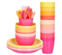 Youngever 54 pcs Plastic Kids Tableware, Re-usable Toddler Dinnerware Set, Dining Set, Cups, Kids Plates, Kids Bowls, Flatware Set, Kids Dishes Set (Pink)
