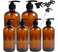 Youngever 6 Pack Empty Amber Glass Pump Bottles, 2 Pack 500ML and 4 Pack 250ML Pump Bottles Refillable Containers for Essential Oils, Cleaning Products, Lotions, Aromatherapy, Durable Black Pumps