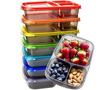 Youngever 7 Pack Hard Bento Lunch Box, Stackable Meal Prep Containers, Re-usable 3 Compartment Plastic Divided Food Storage Container (Rainbow)