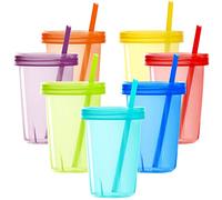 Youngever 7 Pack Plastic Kids Cups with Lids and Straws, 7 Re-usable Toddler Cups with Straws in 7 Assorted Colors